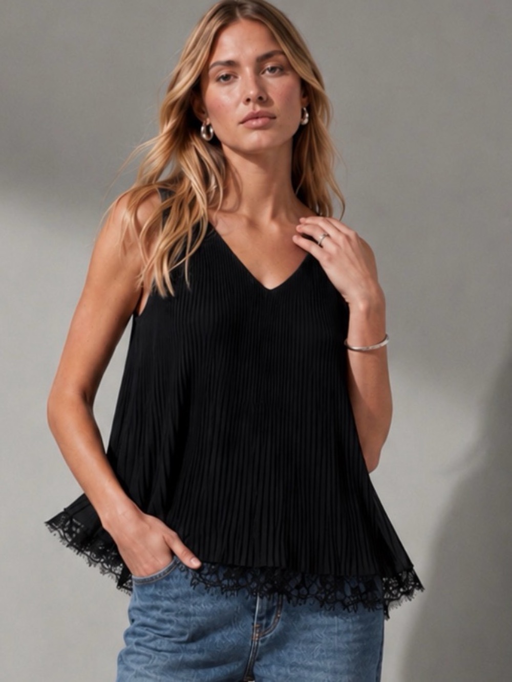 Massimo Dutti Talia Pleated Black Plisse Lace Top Size L